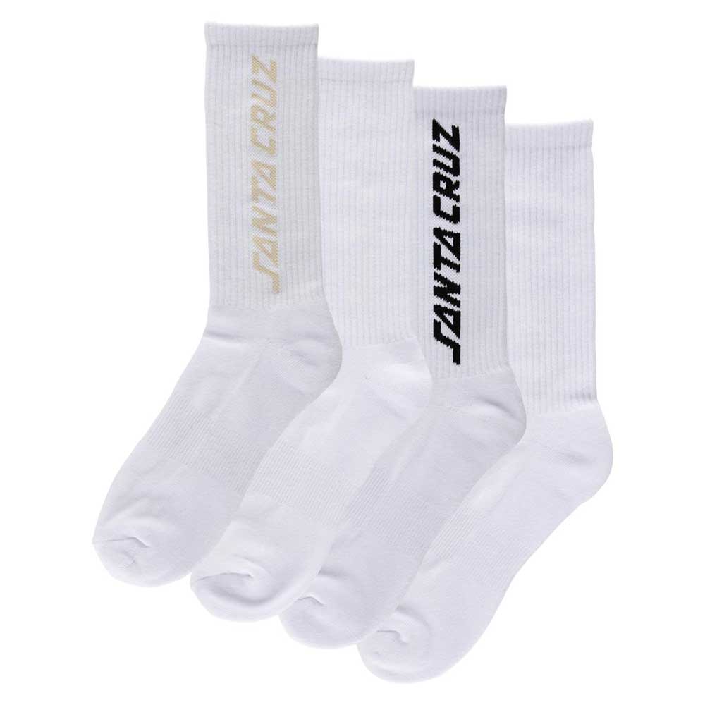 The Solid Strip 2-Pack Crew Socks White Multi (Men’s 9-11) by Santa Cruz includes two pairs in white with logo details—one pair features a beige logo and the other a black logo, ideal for skateboard apparel fans.