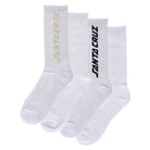 The Solid Strip 2-Pack Crew Socks White Multi (Men’s 9-11) by Santa Cruz includes two pairs in white with logo details—one pair features a beige logo and the other a black logo, ideal for skateboard apparel fans.