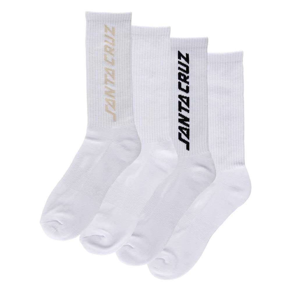 Four white socks with 'Santa Cruz' branding on a white background