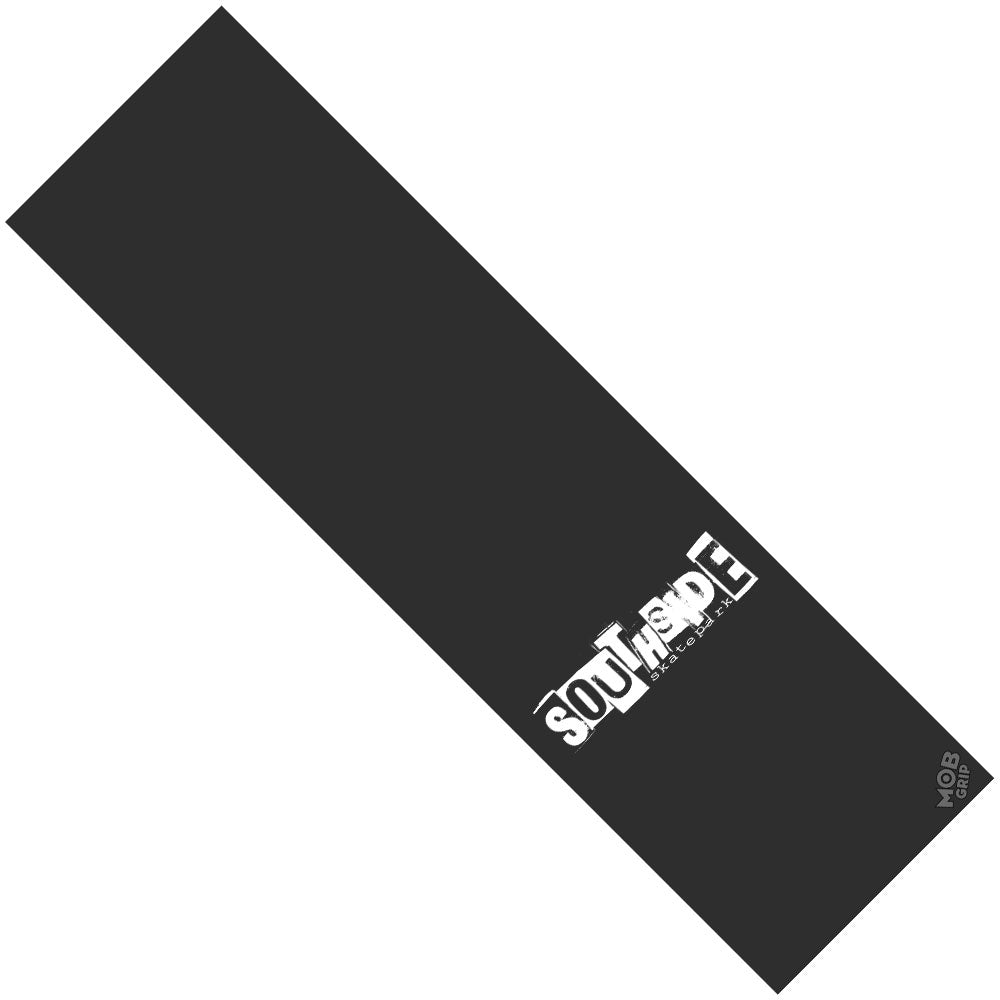 The Southside Skatepark Ransom Grip Tape 9 in x 33 in Graphic Mob Griptape features a black background with the word “SOUTHSIDE” in bold, white distressed block letters laid diagonally across the tape. The iconic Mob Grip logo appears in the lower right corner, adding an authentic Southside Skatepark signature to your skateboard setup.