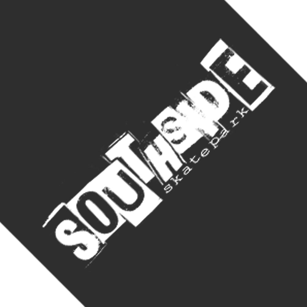 White text reading “SOUTHSIDE skatepark” appears diagonally on a black background with a grunge, stamped effect on the letters, echoing the rough texture of the Southside Skatepark Ransom Grip Tape 9 in x 33 in Graphic Mob Griptape.