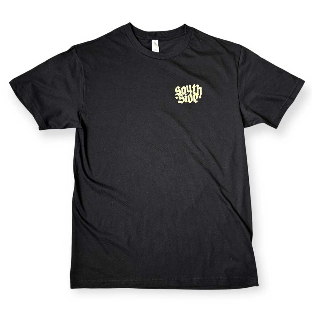 The Southside Support Your Local Skateshop Black Tee for Skateshop Day features Brett Parson’s “south side” artwork in white text on the left chest. Displayed flat on a white background.