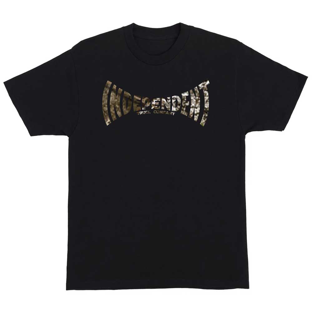 The Span Realtree APX S/S Heavyweight T-Shirt Independent Tee is a black shirt with a bowtie-shaped camouflage INDEPENDENT TRUCK COMPANY logo printed on the chest.