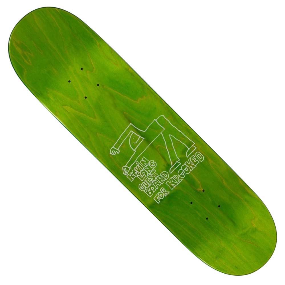 A green Krooked Skateboard Deck featuring a simple white line drawing of a person holding a skateboard, with text that reads, Spanky Guest 8.25 True Fit board for Krooked.