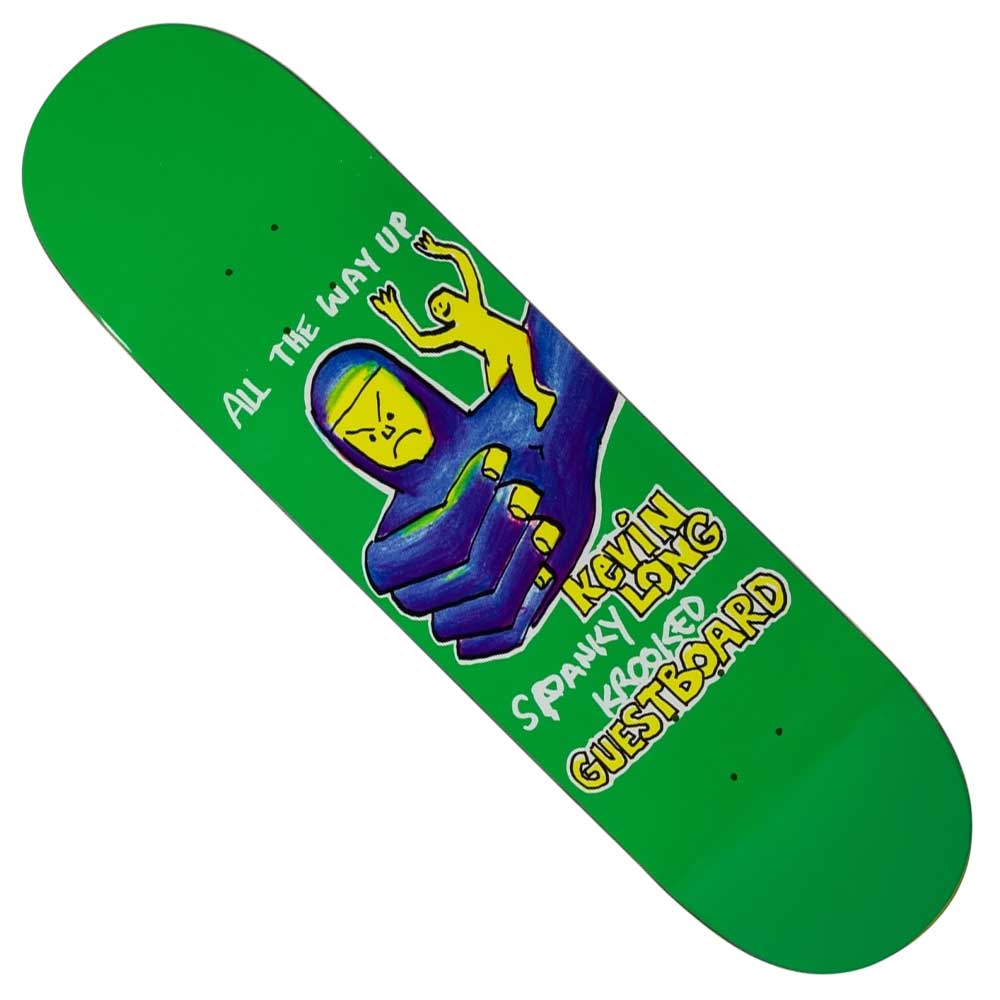 The Spanky Guest 8.25 True Fit Krooked Skateboard Deck is green with cartoon art of a purple hand holding a yellow figure, “ALL THE WAY UP” text, and “Kevin Lang Spanky KABROE GUEST BOARD.”.