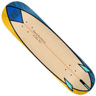 The Speed Egg 8.28x31.7 Mason Real Assorted Veneers Skateboard Deck features split veneers with a classic surfboard-inspired design in beige, blue, and yellow, plus blue fins and "REAL" in the top left—a nod to Julien’s iconic style.