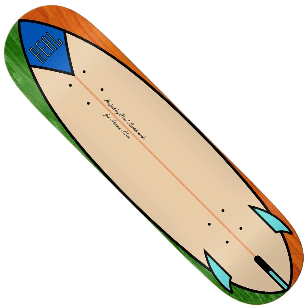 The Speed Egg 8.28x31.7 Mason Real Assorted Veneers Skateboard Deck features surfboard-inspired split veneers with a tan center, green and brown edges, blue accents, and REAL branding for a unique Julien graphic style.