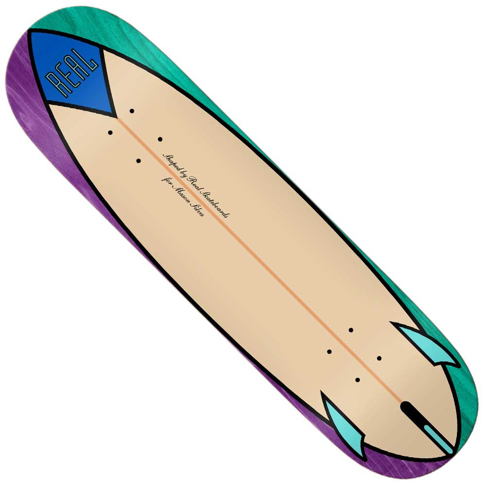 The Speed Egg 8.28x31.7 Mason Real Assorted Veneers Skateboard Deck features surfboard-inspired split veneers, a beige center, teal and purple edges, blue “REAL” logo in the corner, and black triangles at the tail like surfboard fins.