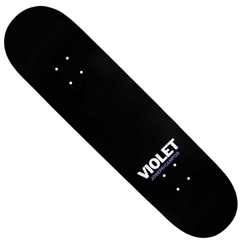 The Spiderman Polaroid 8.5 Violet Skateboards Deck is a black deck displaying "VIOLET" in bold white iridescent letters, with "JOSEPH CAMPOS" in small purple text beneath it near one end.