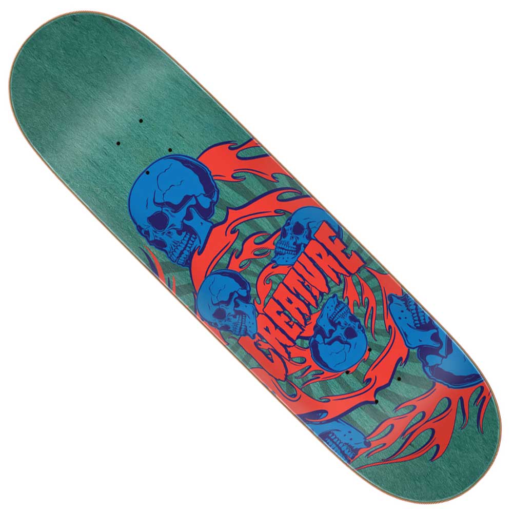 Introducing the Spiral Skull 7 Ply Birch 8.53in x 32.19in Creature Decks—an affordable skateboard deck featuring a bold green birch construction, blue skull graphics, and red flames swirling around the word CREATURE in striking red letters, inspired by the legendary Creature Spiral Skull design and perfect for riders who love to stand out.