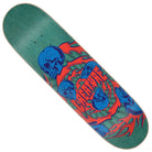 Introducing the Spiral Skull 7 Ply Birch 8.53in x 32.19in Creature Decks—an affordable skateboard deck featuring a bold green birch construction, blue skull graphics, and red flames swirling around the word CREATURE in striking red letters, inspired by the legendary Creature Spiral Skull design and perfect for riders who love to stand out.