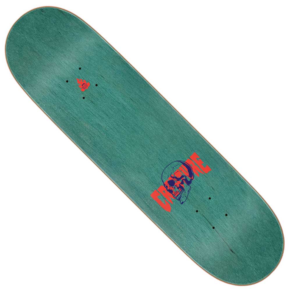 A green 7 ply birch Creature deck measuring 8.53in x 32.19in, featuring a blue skull graphic and bold red CREATURE lettering, is shown from above against a white background. The affordable Spiral Skull deck is perfect for riders seeking both quality and style.