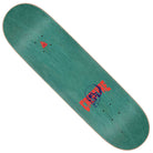 A green 7 ply birch Creature deck measuring 8.53in x 32.19in, featuring a blue skull graphic and bold red CREATURE lettering, is shown from above against a white background. The affordable Spiral Skull deck is perfect for riders seeking both quality and style.