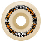 The Spitfire Wheels Classic F4 53mm 93A features a beige color, black and orange spiral design, “Spitfire” branding, number 53 on the left, flame head logo right, and “93” with wings—ideal for all-terrain skateboards.