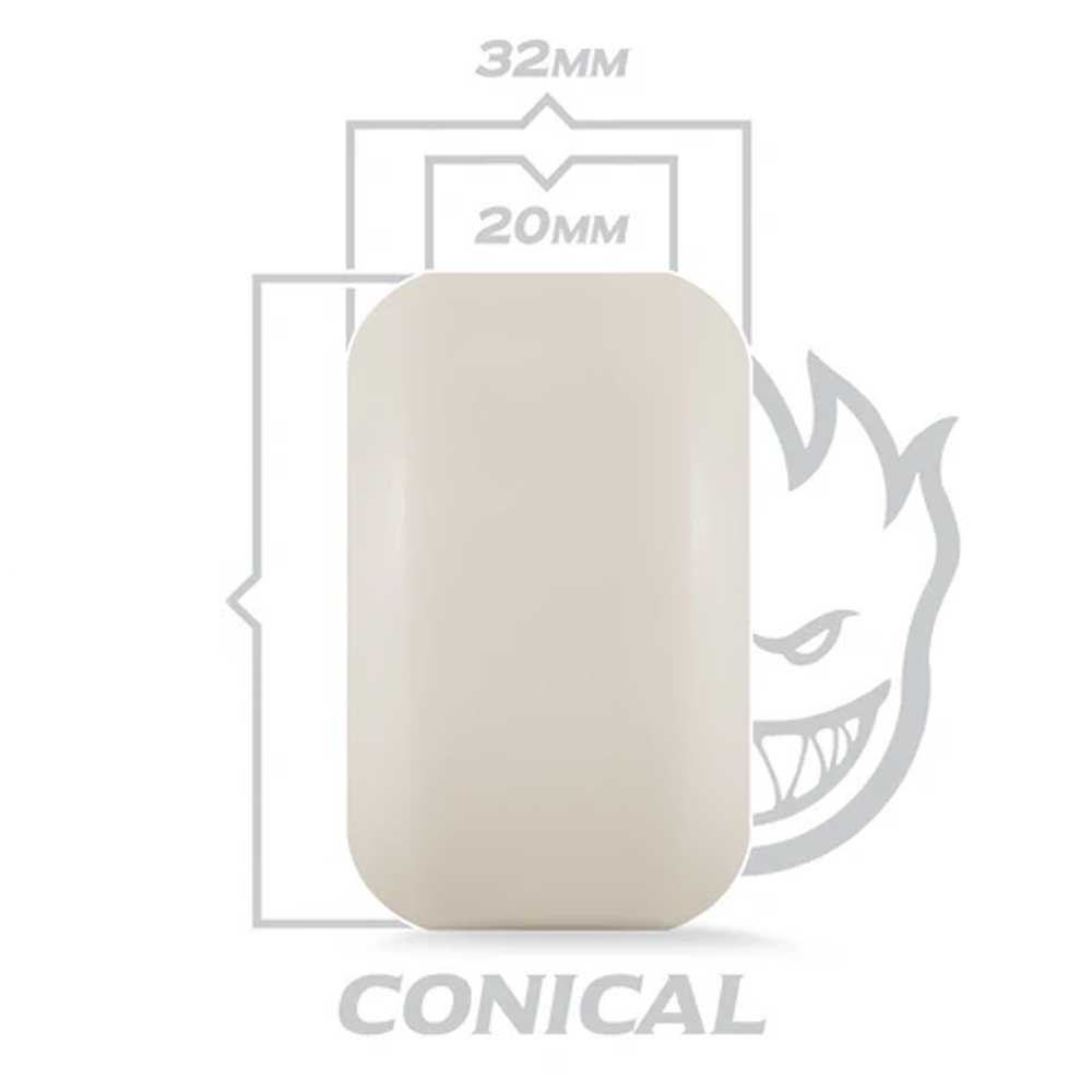 A white, rectangular conical shape with rounded corners is centered over a diagram showing 56mm and 99A specs, featuring a stylized, grinning Spitfire Wheels face and "F4 Conical Yellow Print" below.