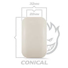 A white, rectangular conical shape with rounded corners is centered over a diagram showing 56mm and 99A specs, featuring a stylized, grinning Spitfire Wheels face and "F4 Conical Yellow Print" below.