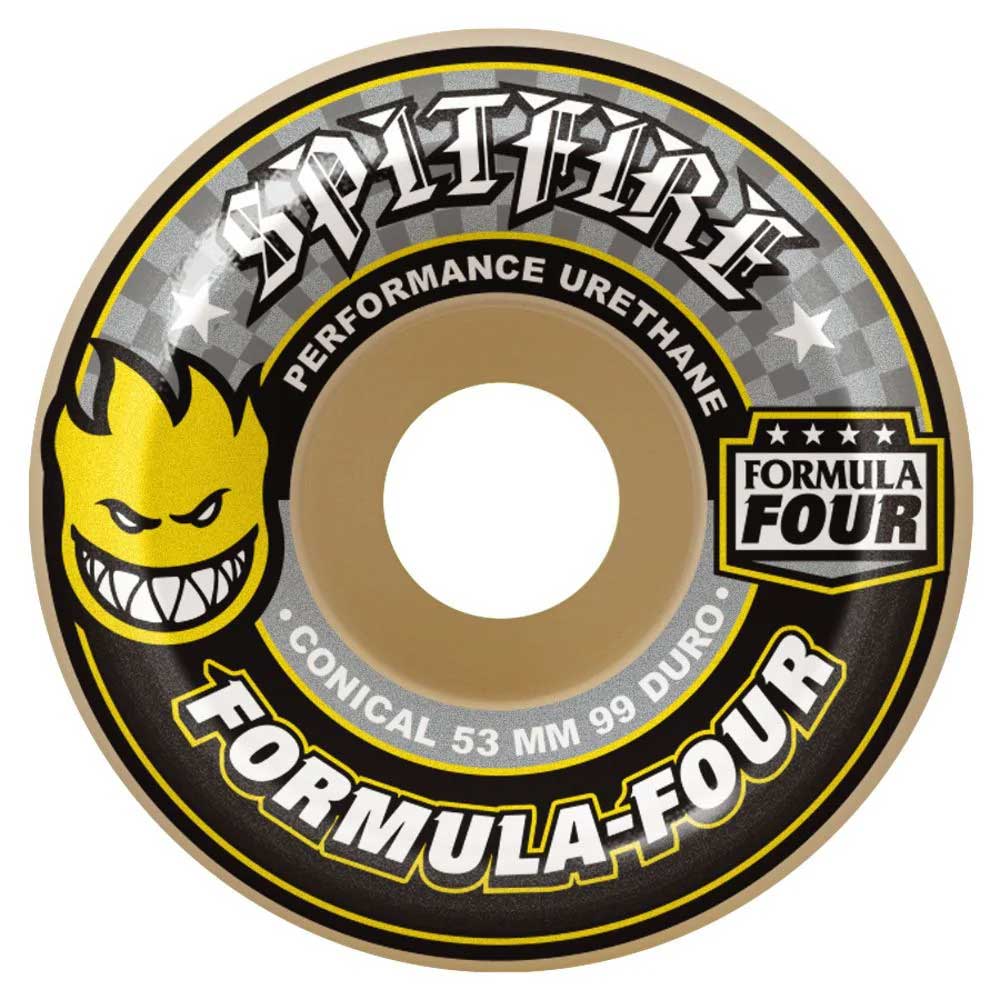 The Spitfire Wheels F4 Conical Yellow Print 56mm99A features bold yellow graphics, the Spitfire flame head logo, Formula Four technology, PERFORMANCE URETHANE text, and classic style at a 56mm size.
