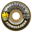 The Spitfire Wheels F4 Conical Yellow Print 56mm99A features bold yellow graphics, the Spitfire flame head logo, Formula Four technology, PERFORMANCE URETHANE text, and classic style at a 56mm size.