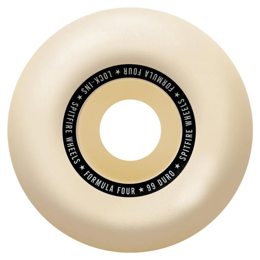 A cream-colored Spitfire Wheels F4 Lock In 53mm 99A skateboard wheel with a black center ring and white “SPITFIRE WHEELS FORMULA FOUR 99 DURO LOCK-INS” text, designed for top Formula Four Performance Urethane.