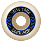 A white Spitfire Wheels F4 Lock In 53mm 99A skateboard wheel with a black and blue design around the center, "SPITFIRE" and "LOCK-INS" in stylized font, made from Formula Four Performance Urethane for lasting durability.