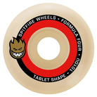 The Spitfire Wheels F4 Tablet 52mm 101A is a white skateboard wheel with a red inner ring, black "Spitfire Wheels - F4 Tablet Shape - Formula Four 101DU" text, and a grinning flame logo on the left side.