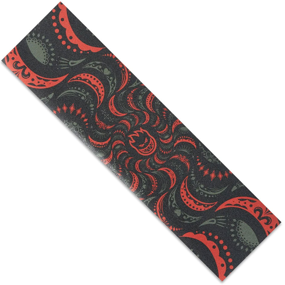 A 9″ x 33″ sheet of Spitfire Wheels Griptape Bighead Swirl featuring an all-over repeating pattern of black, red, and grey paisley-inspired swirls and skull motifs.