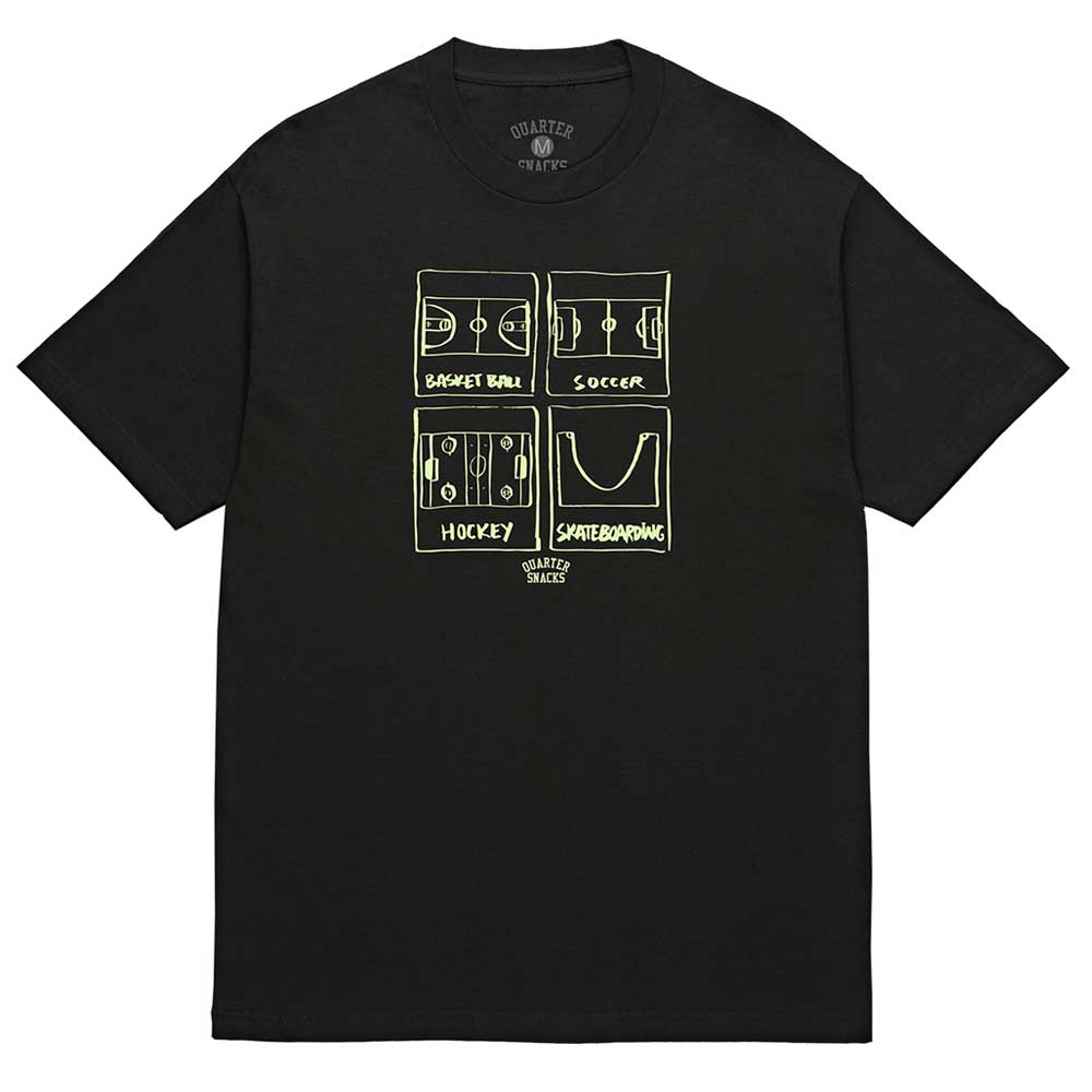 The Sports Tee Quartersnacks Black features simple hand-drawn Basketball, Soccer, Hockey, and Skateboarding courts with a ramp. "Quarter Snacks" is printed below the artwork for classic style.