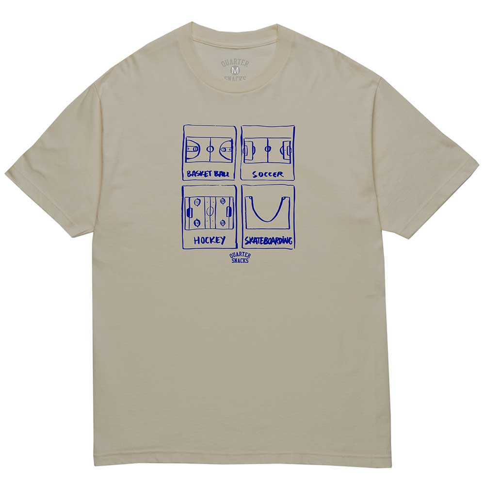 The Sports Tee Quartersnacks Sand is a beige tee with blue and black illustrations of basketball, soccer, hockey courts, a labeled skatepark for skateboarding, and "Quartersnacks" text below the artwork.