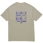 The Sports Tee Quartersnacks Sand is a beige tee with blue and black illustrations of basketball, soccer, hockey courts, a labeled skatepark for skateboarding, and "Quartersnacks" text below the artwork.