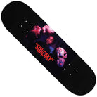 A Squeaky Deck Black Dipped 8.5 from Violet Skateboards, featuring a central graphic of a person holding two plush toys with the word “SQUEAKY” in bold red letters below, designed in collaboration with William Strobeck.