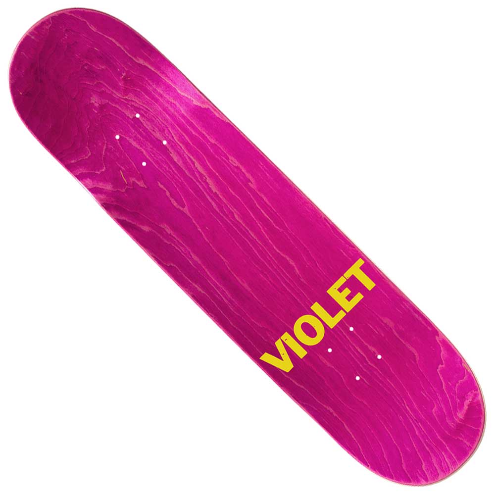 A Squeaky Deck Various Stains 8.5 Violet Skateboards Deck featuring a pink stain with visible wood grain and bold yellow “VIOLET” lettering on one side, inspired by William Strobeck’s unique style. This skateboard deck ships without wheels or trucks attached.