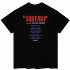 Squeaky Violet Skateboards Black Tee showcasing “SQUEAKY” in bold red lettering, a William Strobeck video beneath it, and a list of names in vivid colors—culminating with VIOLET at the bottom as an homage to Violet Skateboards.