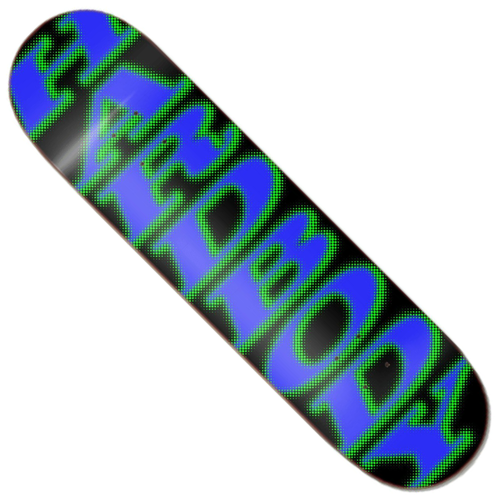 The Stacked Spot Logo 8.25x31.7 Hardbody Skateboard Deck features a black background with bold, distorted blue letters outlined in bright green filling most of the deck’s surface.