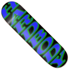 The Stacked Spot Logo 8.25x31.7 Hardbody Skateboard Deck features a black background with bold, distorted blue letters outlined in bright green filling most of the deck’s surface.