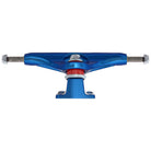 A 144 Stage 11 Distortion Blue Standard Independent truck with a red bushing, shown front-on. This lightweight set of two features a metal axle extending on both sides with silver nuts at each end.