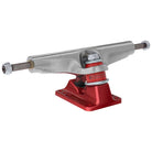 The 151 Stage 4 Hollow Bar Logo Silver Ano Red Standard Trucks by Independent feature metallic silver hangers, red baseplates, visible branding, and axle nuts on both ends—all displayed against a white background. Comes as a set of two.