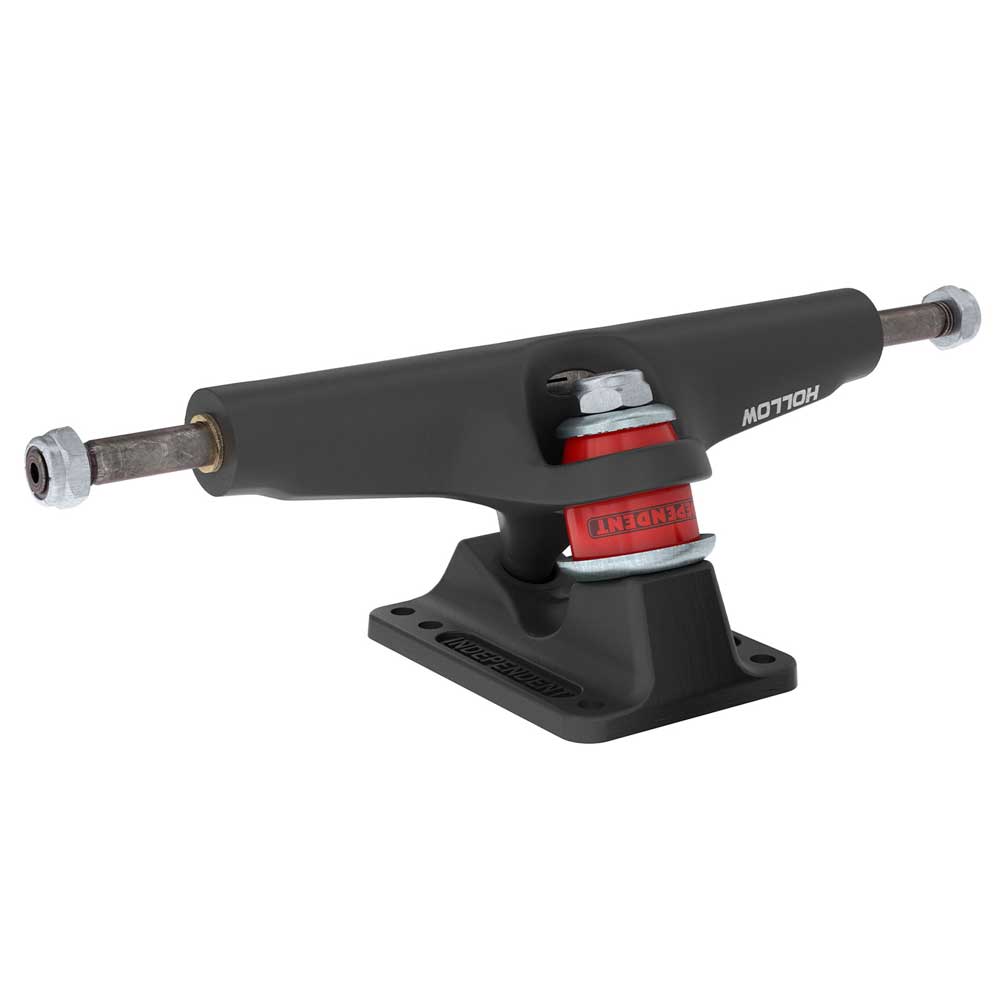 The 151 Stage 4 Hollow Full Bar Black Standard Trucks from Independent come as a set of two and feature a black body with a silver axle, red bushing, and mounting base. Labeled “HOLLOW,” these trucks are photographed against a white background.