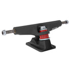 The 151 Stage 4 Hollow Full Bar Black Standard Trucks from Independent come as a set of two and feature a black body with a silver axle, red bushing, and mounting base. Labeled “HOLLOW,” these trucks are photographed against a white background.