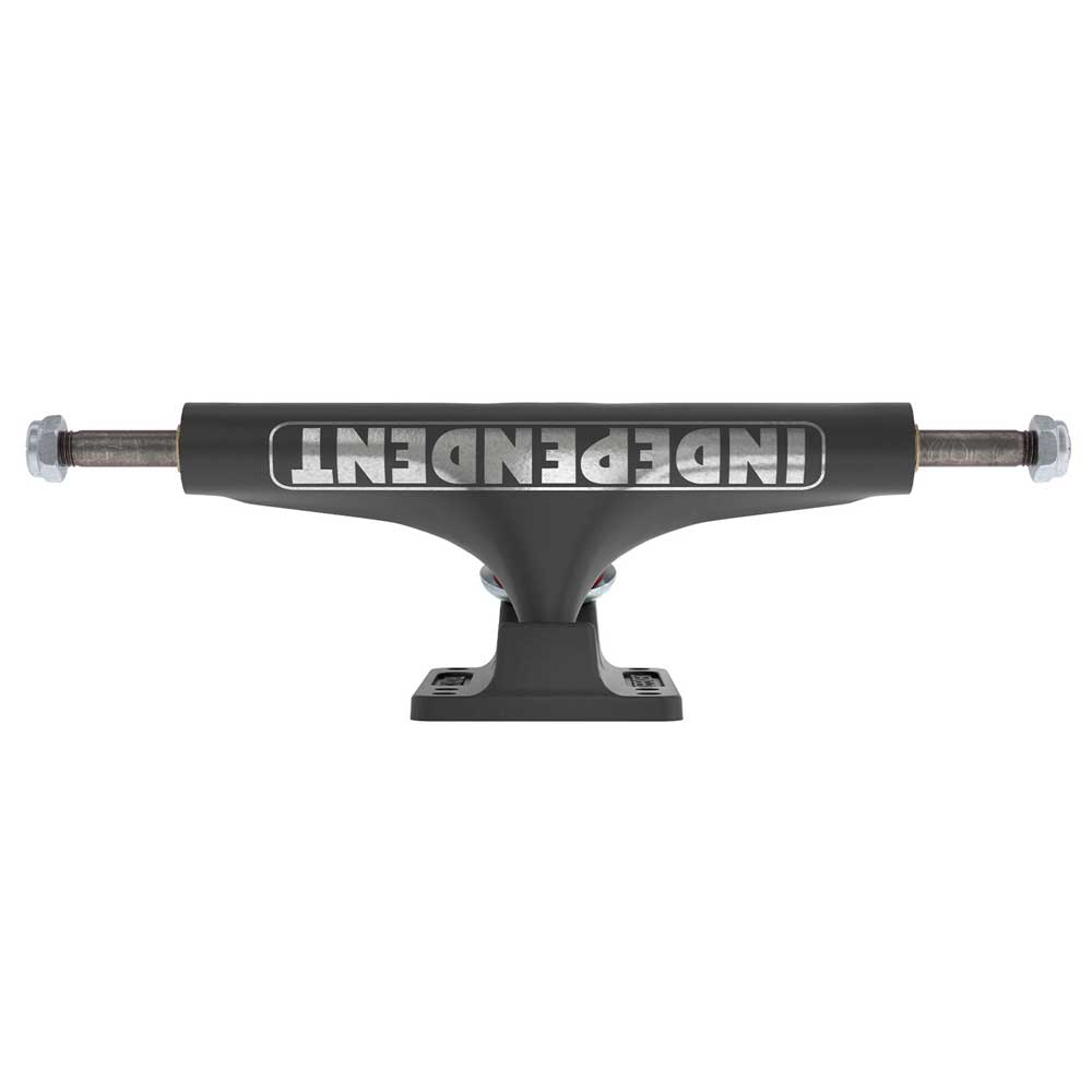 A front view of the 151 Stage 4 Hollow Full Bar Black Standard Trucks (Set of TWO) by Independent shows a black hanger emblazoned with bold white INDEPENDENT lettering, visible bolts at each end—this classic design exemplifies the durability and iconic style skaters expect from Independent Truck Company’s legendary Stage 4 trucks.