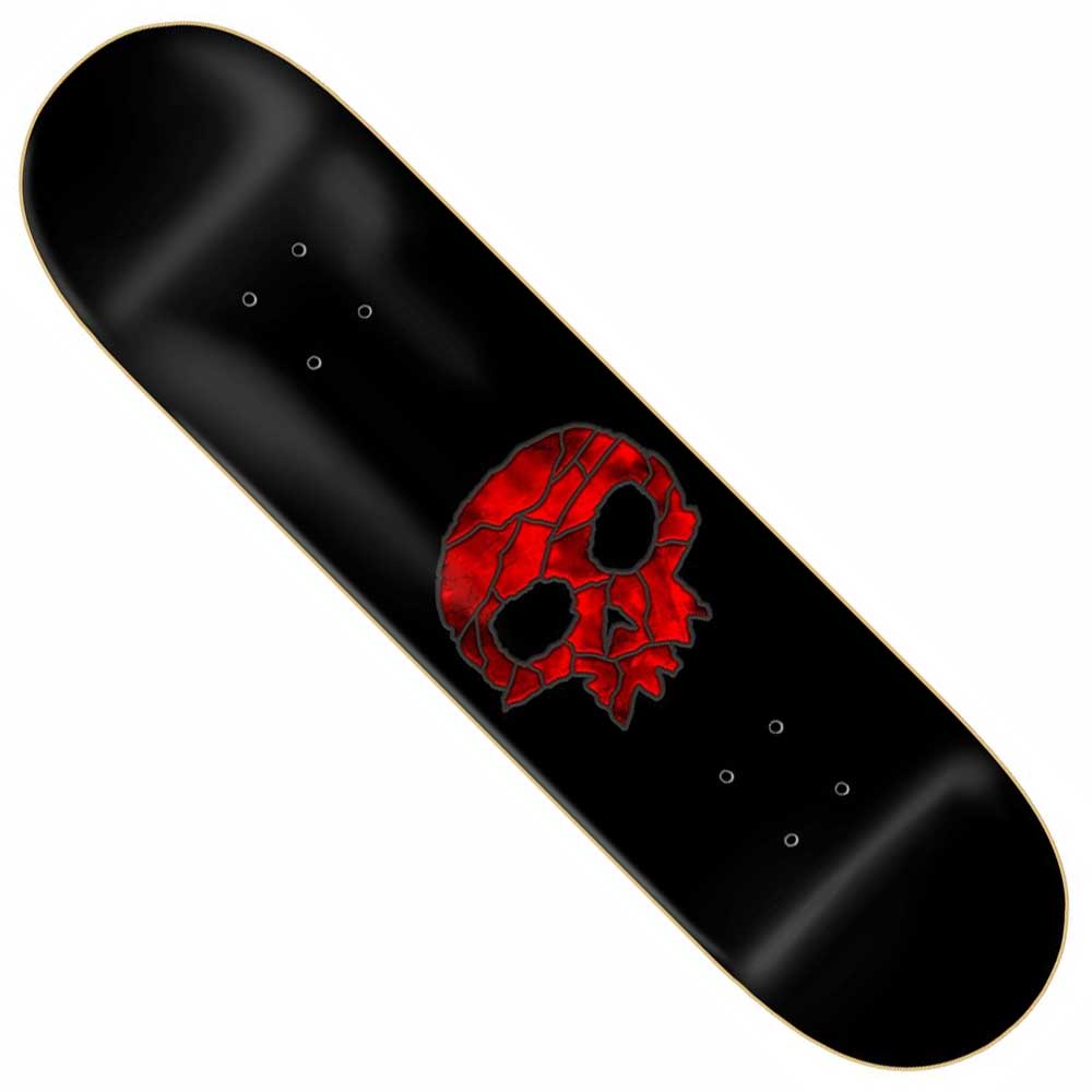 The Lion 8.25 Sandoval Zero Skateboards Deck showcases a bold red cracked skull by Micha Ulrich at its center, finished in striking gold, black, and red accents.
