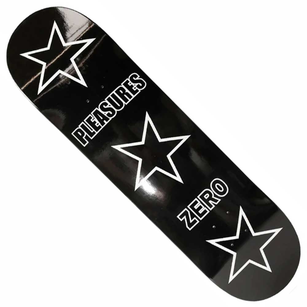 The Stars 8.5 Pleasures x Zero Skateboards Deck is a black deck with three white-outlined stars, bold PLEASURES text in the center, and ZERO near the bottom—ideal for fans of Pleasures streetwear and punk-inspired fashion.