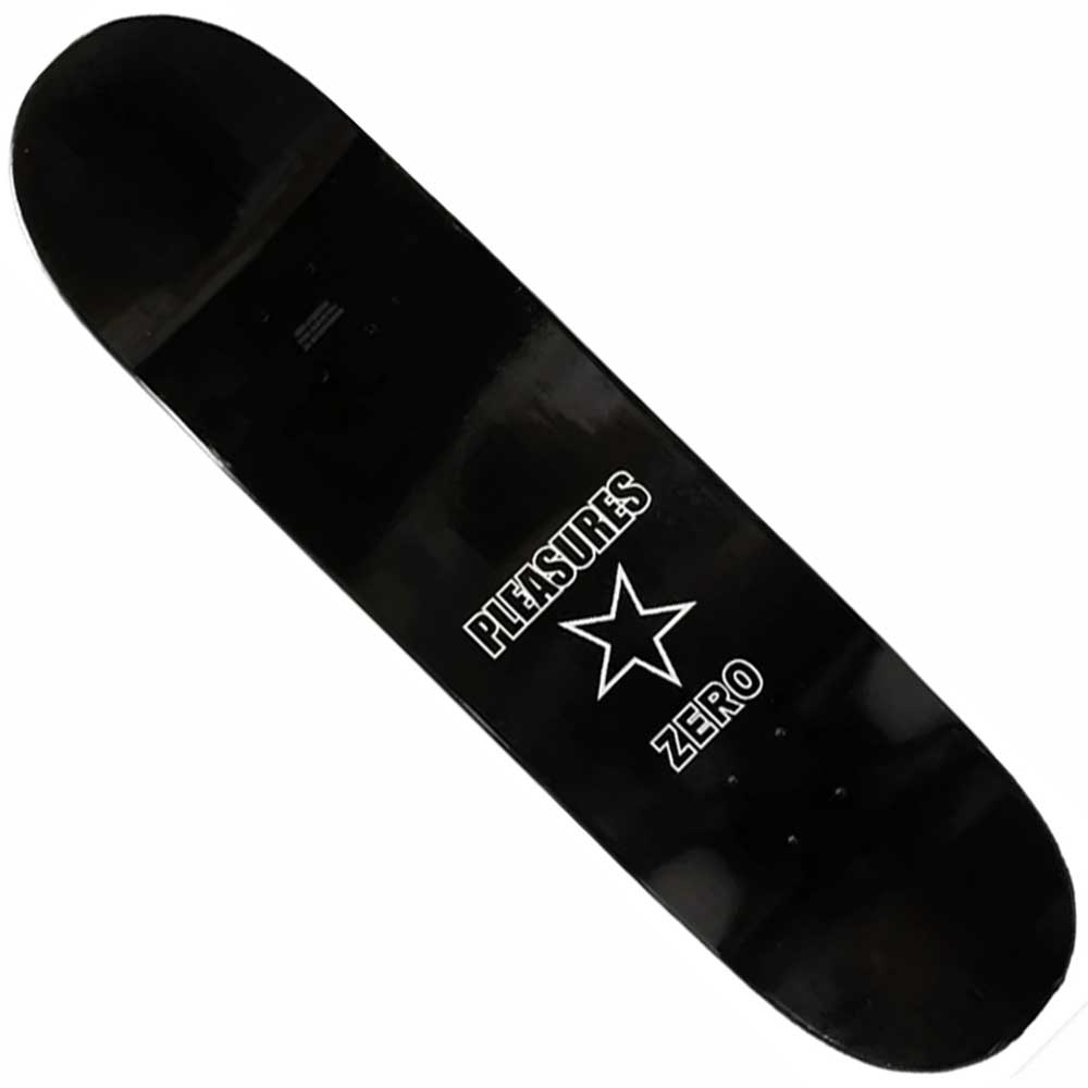The Stars 8.5 Pleasures x Zero Skateboards Deck is a black deck with “PLEASURES” and “ZERO” in white, split by a star outline—ideal for fans of Pleasures clothing and ’90s grunge style.