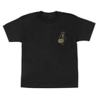 The Stranger Things Demogorgon Dot S/S Midweight Youth Tee by Santa Cruz is a black t-shirt featuring a small, colorful graphic of a green, skeleton-like creature with purple sunglasses and pizza on the upper left chest.