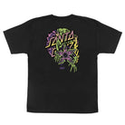 Black youth T-shirt: Stranger Things Demogorgon Dot S/S Midweight by Santa Cruz, featuring a bold back graphic with "Santa Cruz" in stylized text, vibrant green, purple, yellow abstract shapes, and a central monster-like eye.