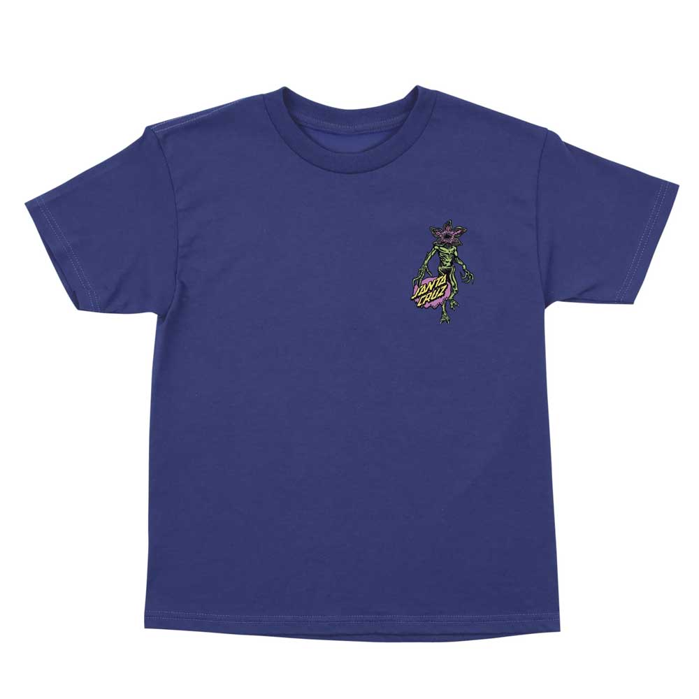 A cobalt Stranger Things Demogorgon Dot short-sleeve youth tee from Santa Cruz, featuring a small graphic on the left chest.