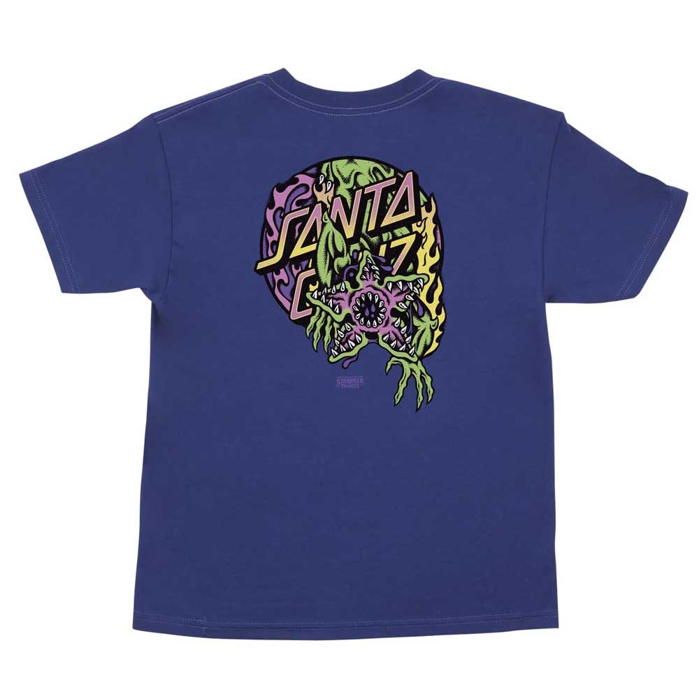 The Stranger Things Demogorgon Dot S/S Midweight YOUTH Tee in cobalt features a bold Santa Cruz graphic on the back, showcasing a monster face with sharp teeth, green claws, and vibrant purple, yellow, and green accents.