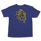 The Stranger Things Demogorgon Dot S/S Midweight YOUTH Tee in cobalt features a bold Santa Cruz graphic on the back, showcasing a monster face with sharp teeth, green claws, and vibrant purple, yellow, and green accents.