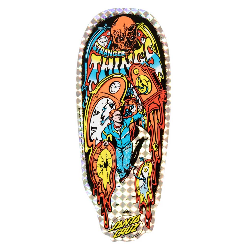 The Stranger Things Grabke Max Melting Clock 9.7in x 29.4in Santa Cruz Skateboard Deck features melting clocks, a boy in blue, a monster face, "Stranger" text above, and the Santa Cruz logo over a holographic checkered background.