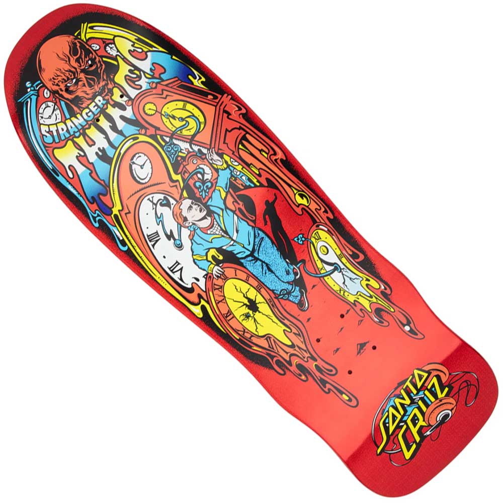 The Stranger Things Grabke Max Melting Clock 9.7" x 29.4" Santa Cruz skateboard deck features colorful, surreal art inspired by Stranger Things, with melting clocks, a fleeing figure, tentacles, and a menacing red creature.