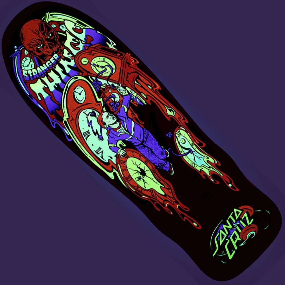 The Stranger Things Grabke Max Melting Clock 9.7in x 29.4in Santa Cruz Skateboard Deck features neon artwork with a melting clock, floating boy, monster face, and bright Santa Cruz logo on a special black deck.